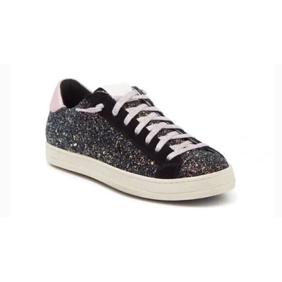 P448 Black John Leather Glitter Low Top Sneakers Size 41 - Picture 1 of 9